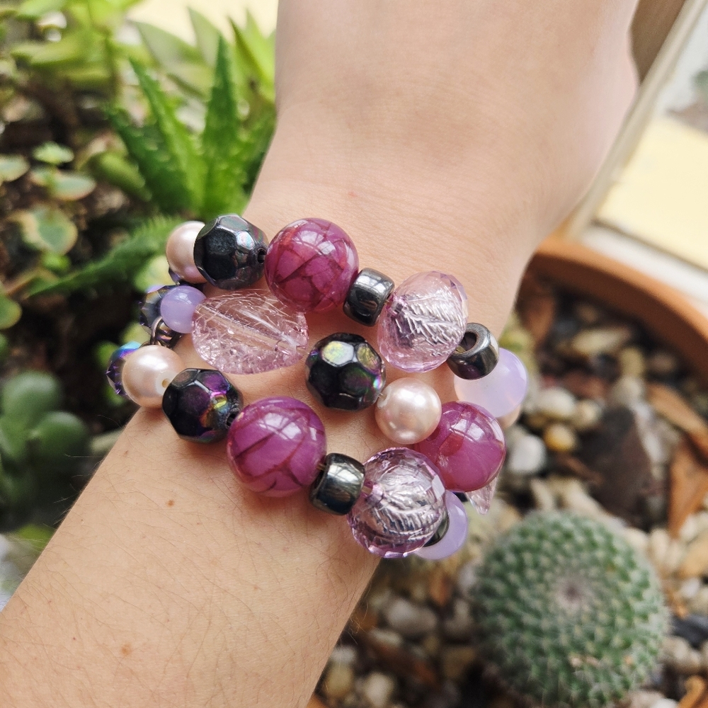 Vintage Purple & Pink Oversized Boho Bohemian Bead Layer Beaded Stretch Bracelet - Picture 7 of 11